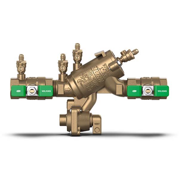 Zurn 1-975XL3 reduced pressure backflow preventer for potable water systems, compact design, lead-free bronze body.