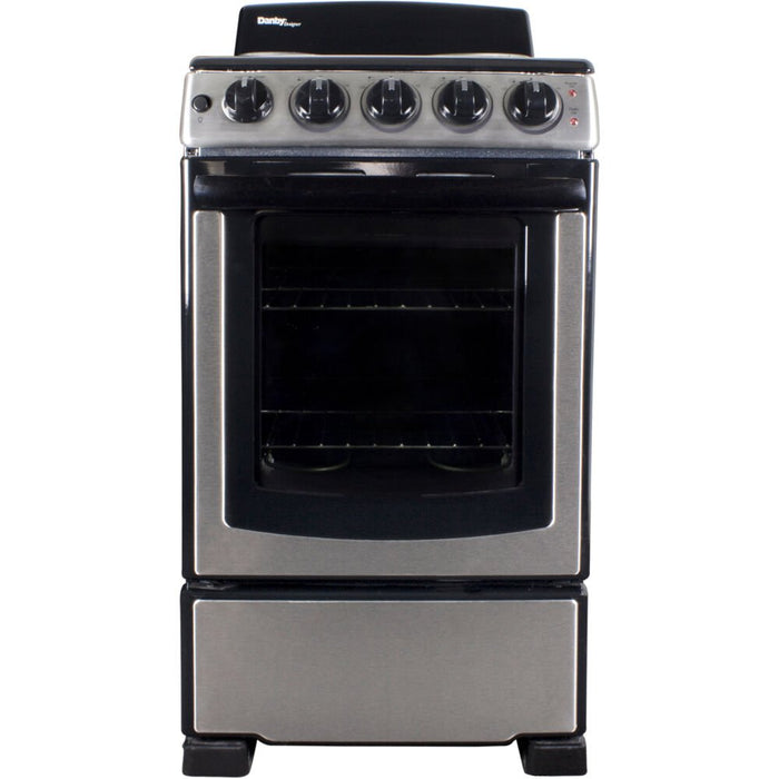 20" Danby (DER202BSS) Electric Range, 1-8", 3-6" Coil Elements, Push & Turn Safety Knobs, 2 Oven Racks, Manual Clean, Large Backsplash, Anti-spillage System, Leveling Legs, Lift Up Cooktop, Glass Door Window, Oven Light, Ada Compliant
