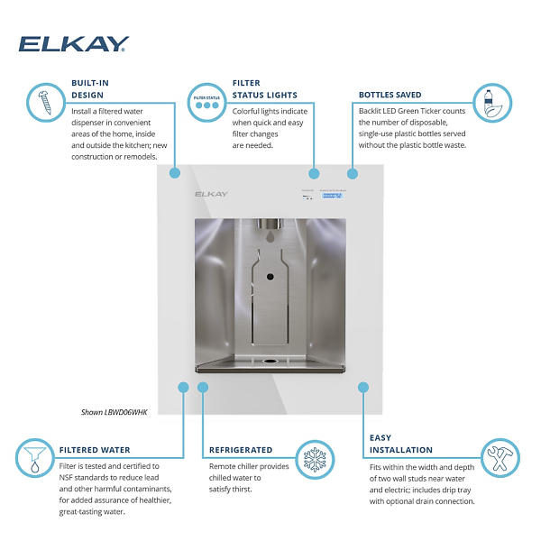 Elkay LBWD06WHK ezH2O Liv Built-In Filtered Water Dispenser – Chilled, Hands-Free, White